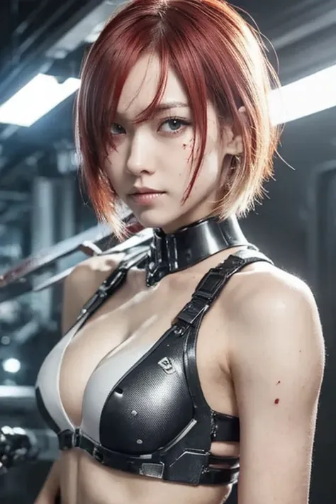 ((female cyborg ninja))、(mechanical reinforcement clothing )、A hybrid body of skin and machine、fight、Futuristic atmosphere、Exposed Skin、 cleavage、science fiction、 slender、 abs、 so beautiful、Thin chest、Pale skin、Baby Face、whole body、 blonde short hair、Right...