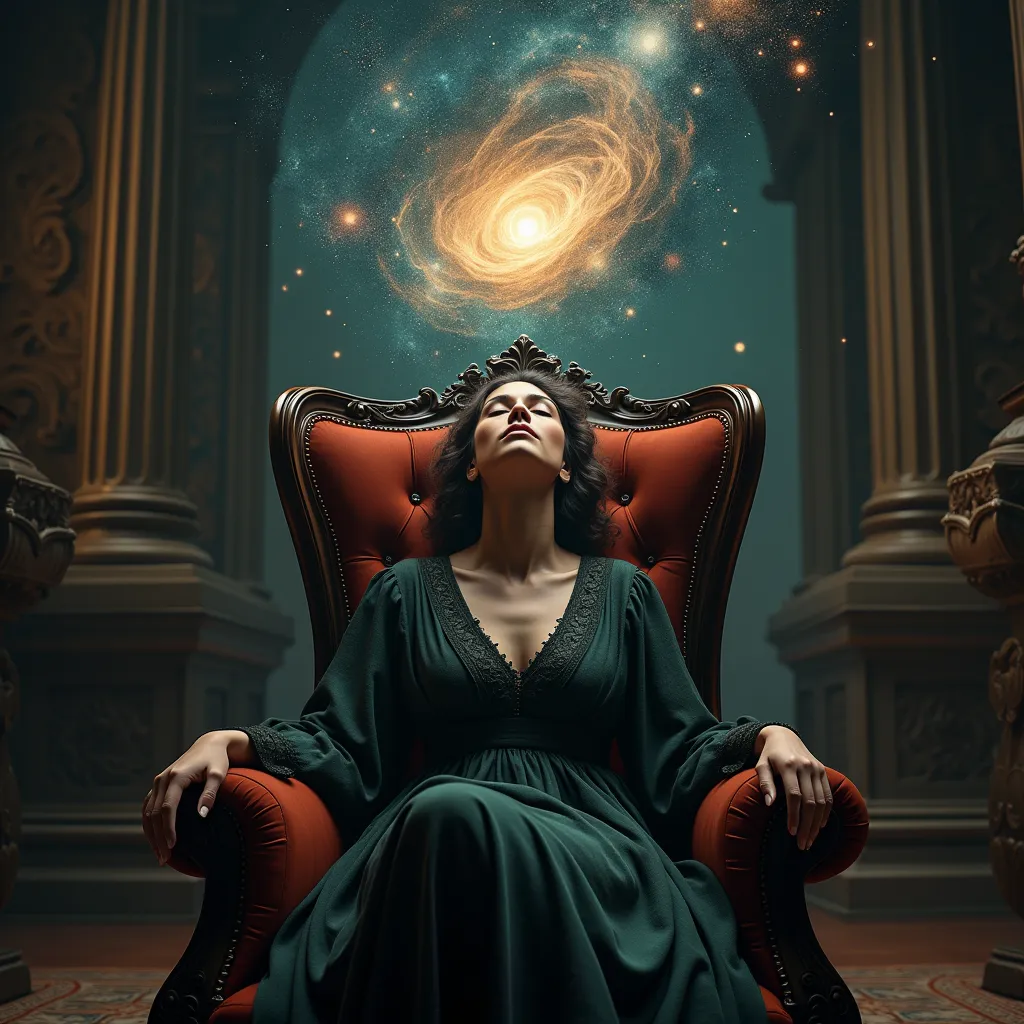 a woman sitting in a chair with her eyes closed in an old mansion, a swirling galaxy above her head with part of it flowing into her head, ((akaishic records, visualization of akaishic records reading:2)), intricate details, photorealistic, dramatic lighting, cinematic, highly detailed, 8k, masterpiece, award winning, oil painting, digital art