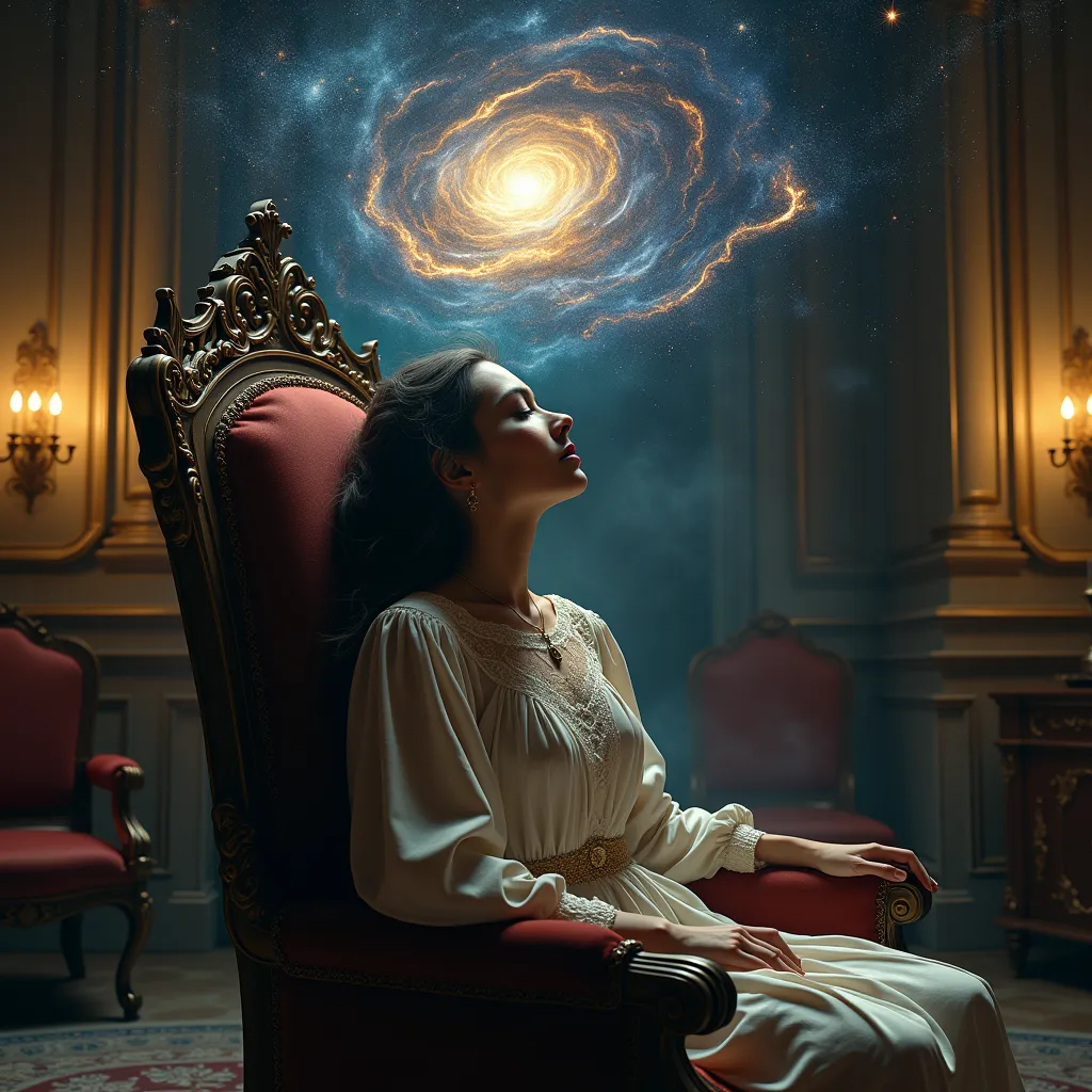 a woman sitting in a chair with her eyes closed in an old mansion, a swirling galaxy above her head with part of it flowing into her head, ((akaishic records, visualization of akaishic records reading:2)), intricate details, photorealistic, dramatic lighting, cinematic, highly detailed, 8k, masterpiece, award winning, oil painting, digital art