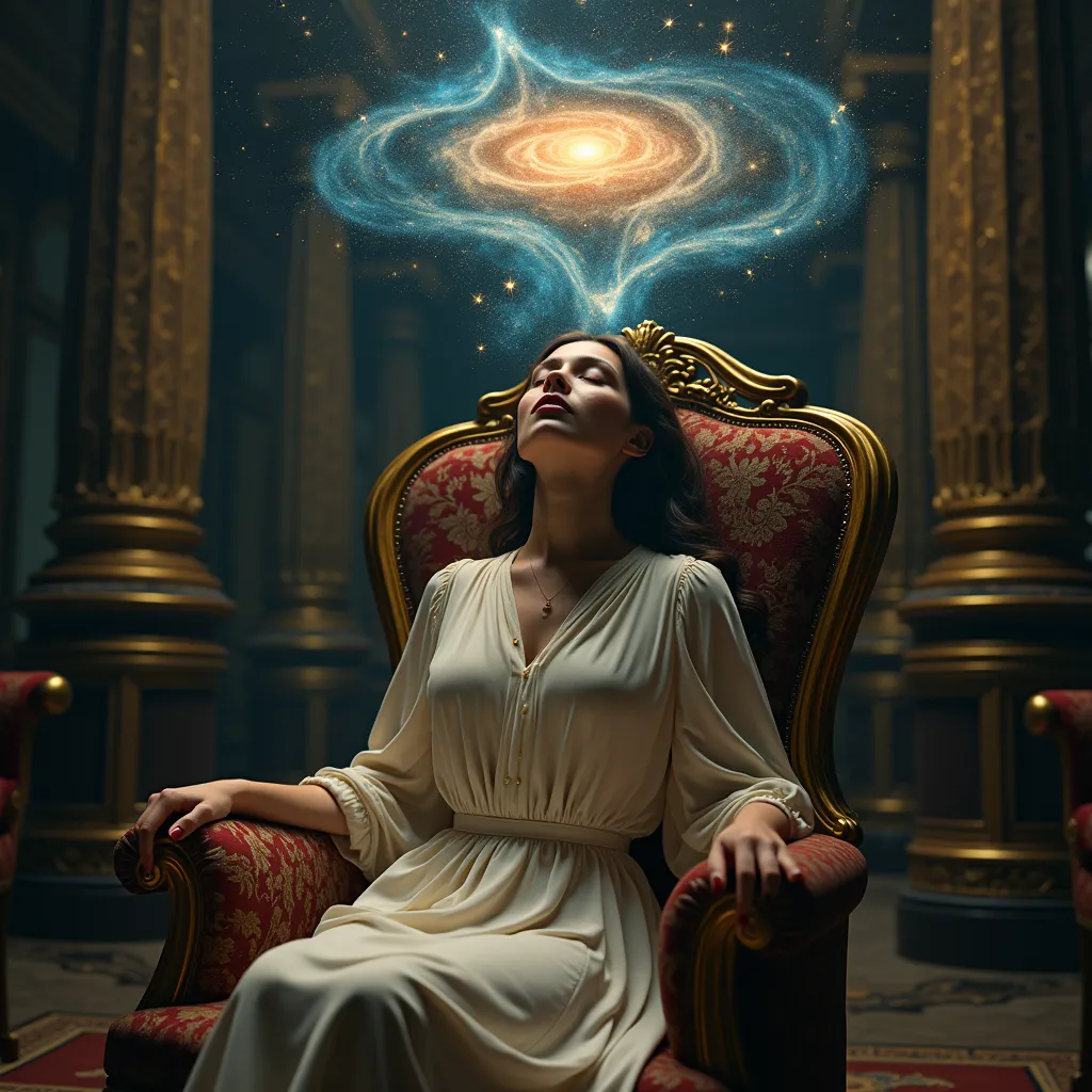 a woman sitting in a chair with her eyes closed in an old mansion, a swirling galaxy above her head with part of it flowing into her head, ((akaishic records, visualization of akaishic records reading:2)), intricate details, photorealistic, dramatic lighting, cinematic, highly detailed, 8k, masterpiece, award winning, oil painting, digital art