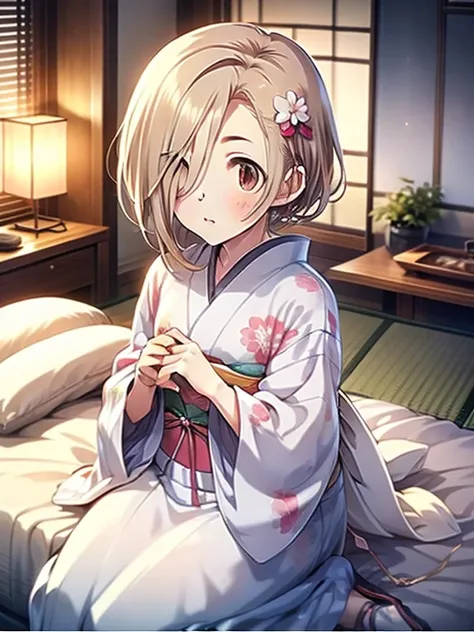 In 8K、top-quality、​masterpiece、 ultra-detailed、 ultra high resolution、 anime style、Traditional Japanese room、night、Dark room with no windows、Light-colored yukata、On the futon、Chest Cleave 、Shoulder Bare,　 blond hair, Hair over the eyes,  short hair,  Brown...