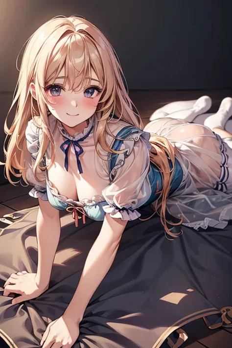 8k、 Best Quality 、  Maximum Clarity  、   very detailed 、Beautiful art、   very detailed、  biologically correct body  、  gentle smile、Maternal、Erotic face、(See-through skin)、Breasts larger than I cup、 pantyhose、Dirndl、( Lie down and press your chest to the g...