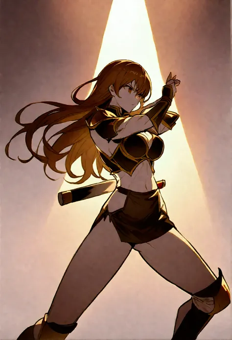 young woman , narrow waist, 155 cm large,   brown long hair   ,   in light armor and with a two-handed sword,  standing in fight...