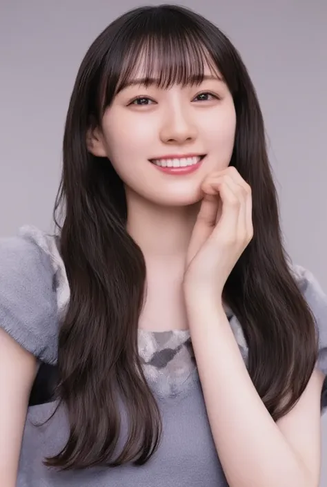 Only one woman with a cute smile is in a pose wearing off-shoulder pajamas, making a firm big heart shape with both hands, and holding them in front of her chest, View above collarbone、The background is a monotone 

