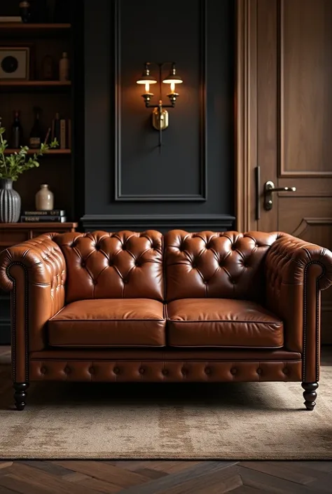 A front shot of a brown leather sofa, in the middle of a masculine theme room