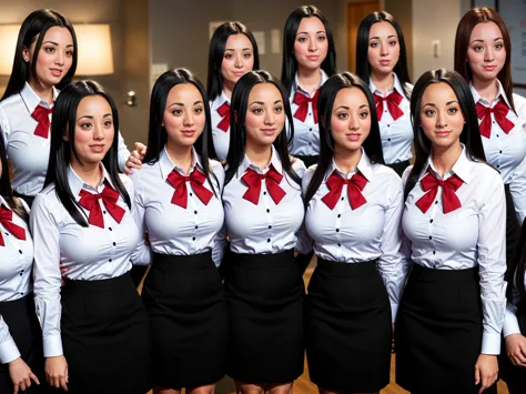 a large group of smiling busty black-haired clones wearing identical clothing, dress shirt, red bow on shirt, black pencil skirt...