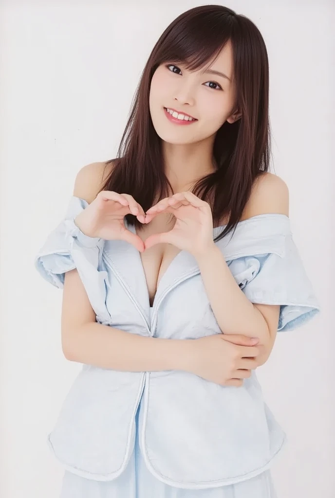 Only one woman with a cute smile is in a pose wearing off-shoulder pajamas, making a firm big heart shape with both hands, and holding them in front of her chest, View above collarbone、The background is a monotone 

