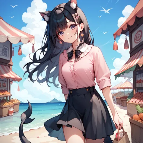 1 girl, black hair, long hair , beast ears,tail, pink shirt, black skirt, ruffled clothes ,sea,port,port町,漁port,market,shopping