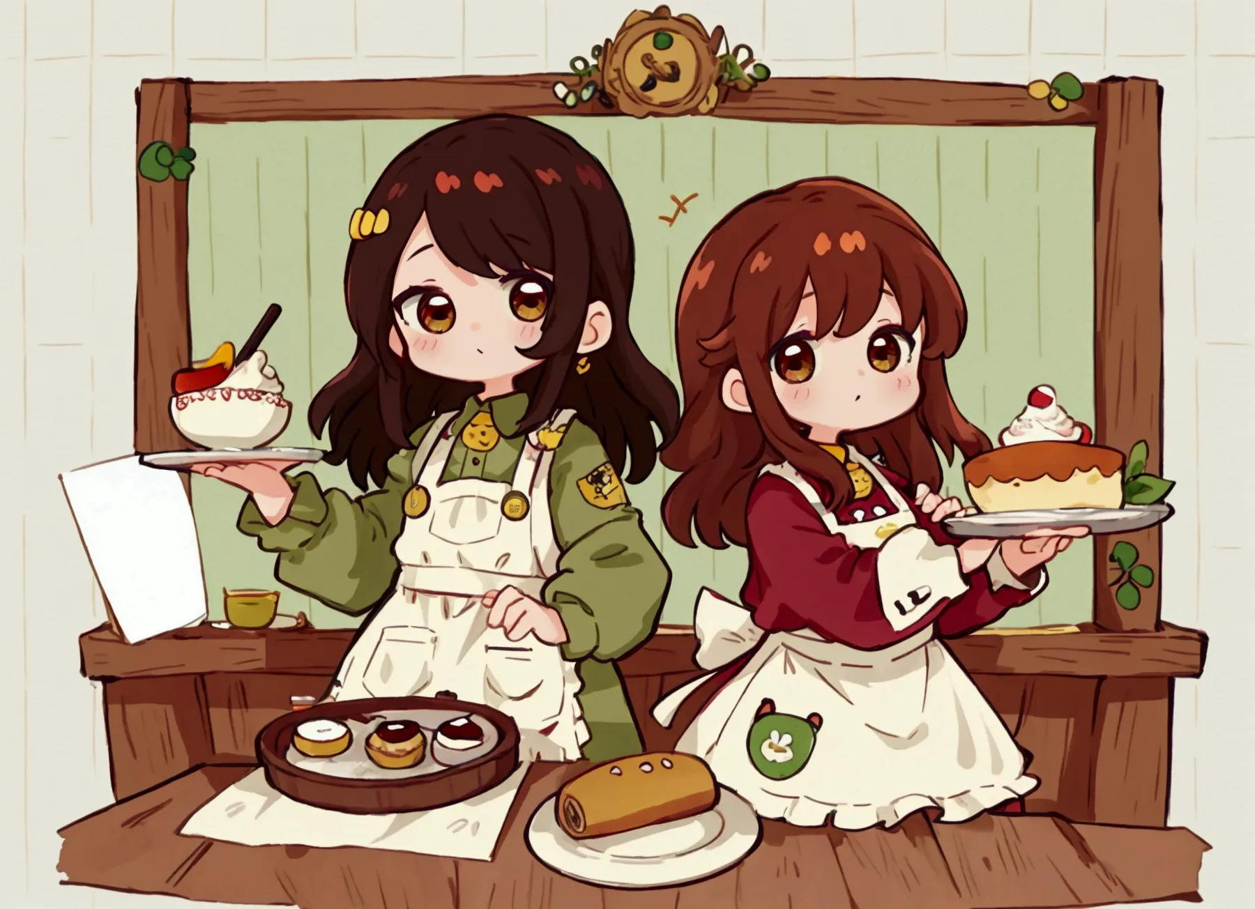 cartoon picture of a cafe there were two girls working there, one of them with short red black long hair, brown eyes, wearing ye...