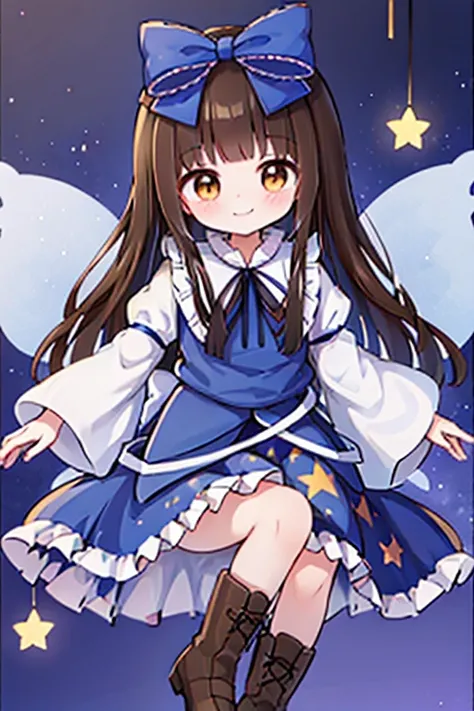 1girl, star sapphire (touhou), brown eyes, tareme, brown hair, hair bow, blue bow, fairy wings, sidelocks, blue dress, long slee...