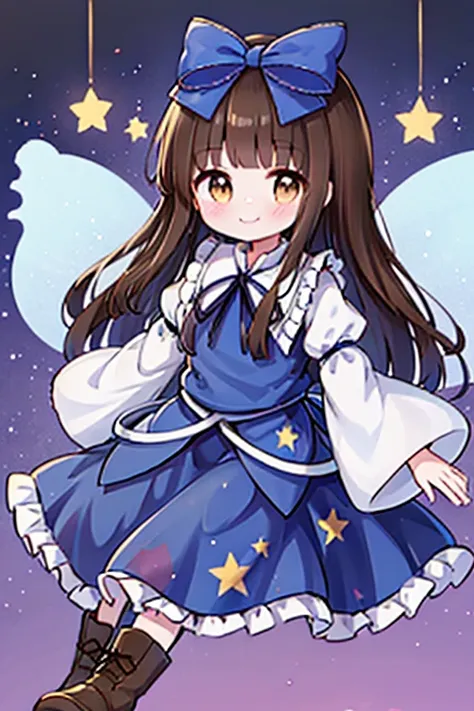 1girl, star sapphire (touhou), brown eyes, tareme, brown hair, hair bow, blue bow, fairy wings, sidelocks, blue dress, long slee...