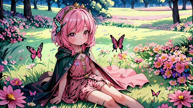 (photorealism:1.2),((best quality)), ((masterpiece)), ((detailed)), ((one pink short flat chest girl)),((sitting in a grass field with flowers and butterflies)), ((wearing a crown and a cloak))