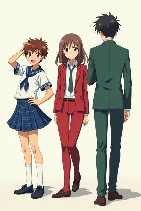 Anime boy in Blue Plaid Skirt and Short Sleeve Uniform top with an anime girl in Solid red pants and Red jacket and another boy in a solid green suit