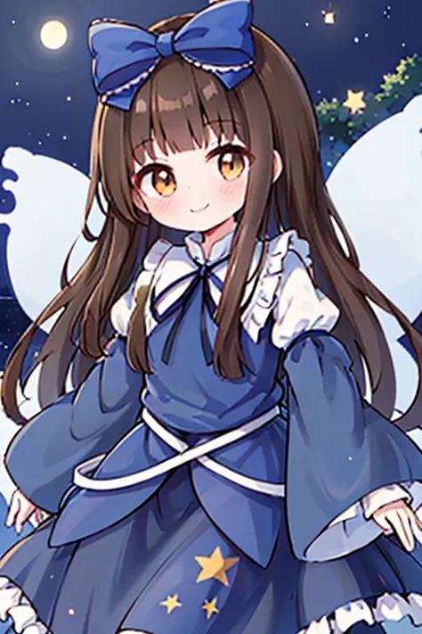 1girl, star sapphire, brown eyes, brown hair, long hair, blunt bangs, blue bow, blue dress, blue ribbon, long sleeves, wide slee...