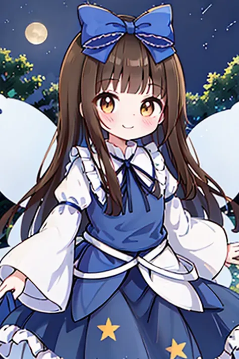 1girl, star sapphire, brown eyes, brown hair, long hair, blunt bangs, blue bow, blue dress, blue ribbon, long sleeves, wide slee...