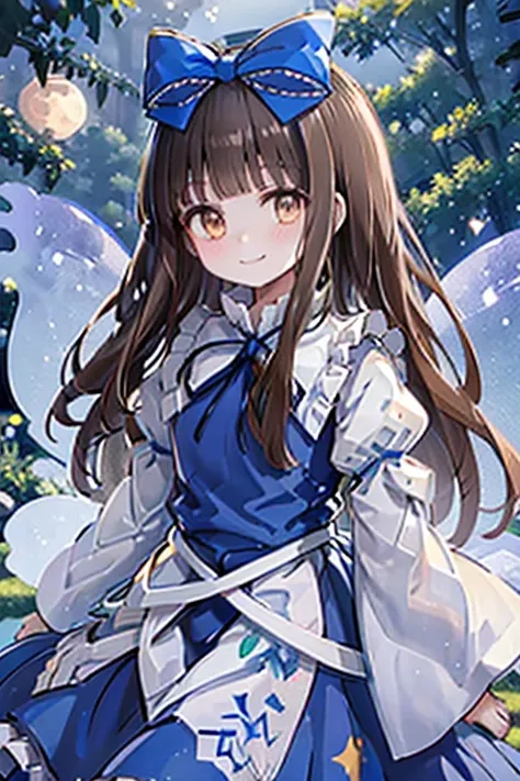 1girl, star sapphire, brown eyes, brown hair, long hair, blunt bangs, blue bow, blue dress, blue ribbon, long sleeves, wide slee...