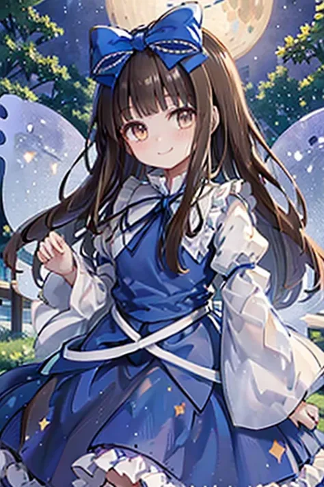 1girl, star sapphire, brown eyes, brown hair, long hair, blunt bangs, blue bow, blue dress, blue ribbon, long sleeves, wide slee...