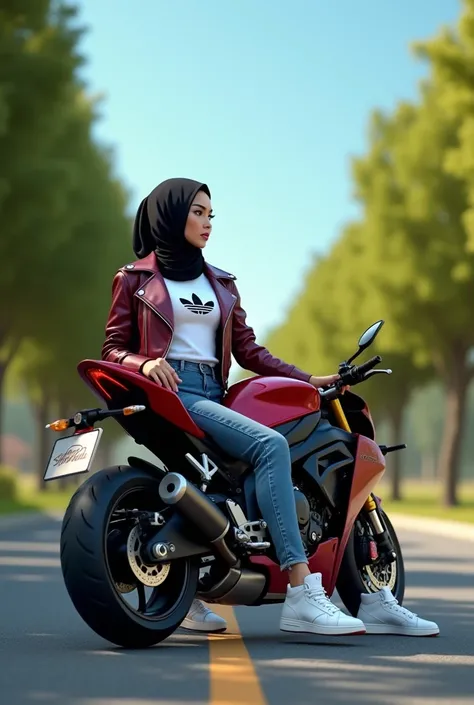 a beautiful 24 year old woman wearing a long black headscarf, white Adidas t-shirt, bright maroon leather jacket, long jeans, white shoes, Jordan shoes, sitting relaxed on a red ninja motorbike, photo from the side behind a view of a quiet road, several gr...