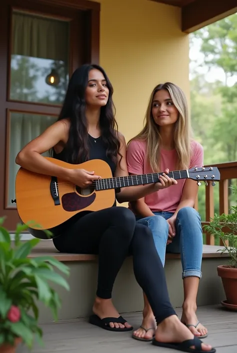 20-year-old Brazilian woman with long dark hair wearing black leggings and black sandals with white sleeveless t-shirt sitting on the porch playing guitar and her blonde friend sitting on the side wearing Daia jeans and pink t-shirt 