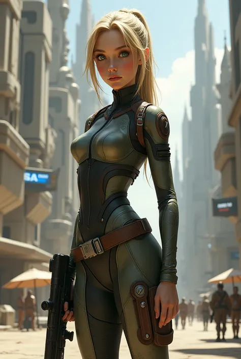 Female from Star Wars. CORUSCANT background. Young, petite, Blonde ponytail, Green eyes. Full body cat suit with gear and blaster pistol. 