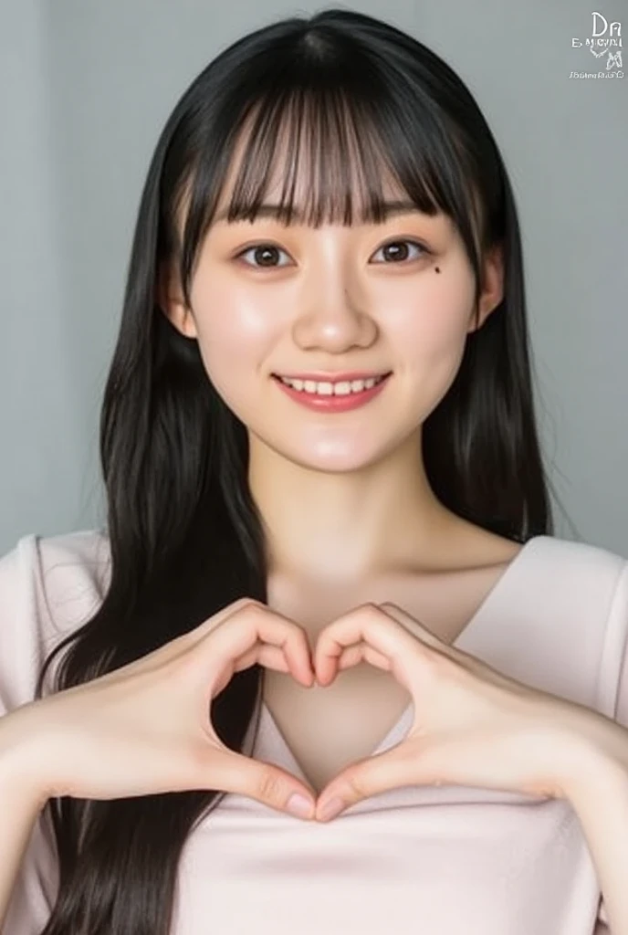 Only one woman with a cute smile wears cute, fluffy off-shoulder pajamas, makes a big heart shape with both hands, and poses them in front of her chest, View above collarbone、The background is a monotone 

