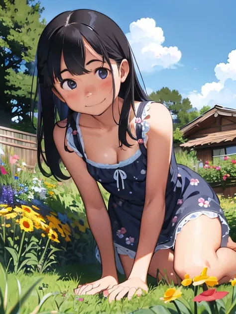  one girl 、Simple girl、garden、 on your lap、Blue Sky、Bright Sun、 detailed hair、Detailed face、Detailed skin、(Small breasts)、(( cleavage))、( short floral dress)、 slender、 hair fluttering like the wind、smile、blush、Looking up、 shy expression 、((Thighs))、Barefoo...