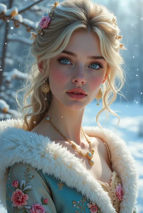 This is a realistic fantasy work of art, which takes place against the background of a winter landscape with subzero temperatures. Create an incredibly beautiful young blonde femme fatale, elegant and graceful in a magical world of stunning multicolored gi...