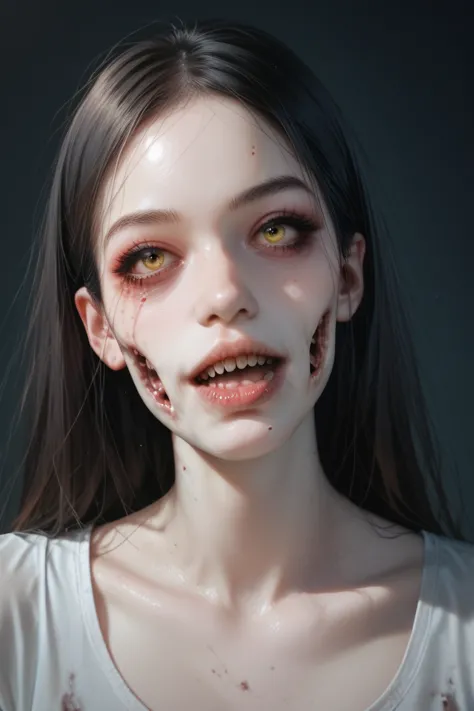 a zombie girl, horror, scary, realistic, pale skin,