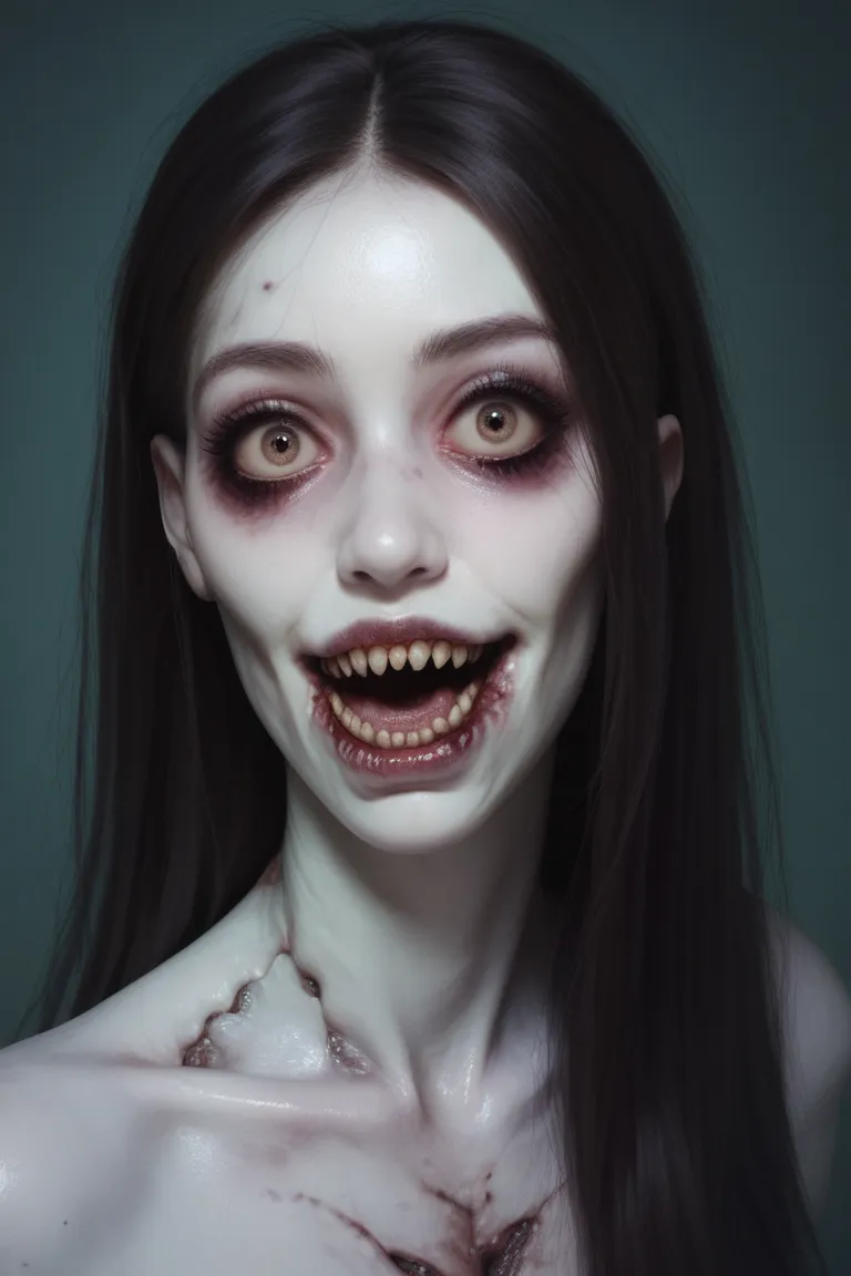 a zombie girl, horror, scary, realistic, pale skin,