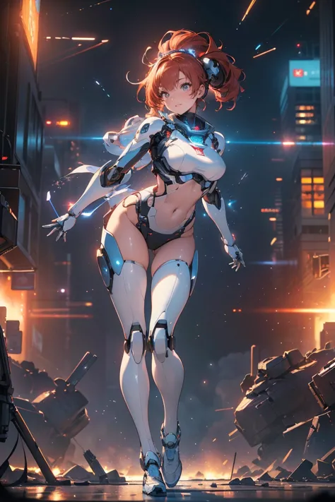 ((masterpiece, highest quality, Highest image quality, High resolution, photorealistic, Raw photo, Extremely detailed CG unified 8k wallpaper)), (huge stunning goddess shot, very hot and sexy, jaw-dropping beauty, perfect proportions, beautiful body, slim body beauty:1.4), cyborg girl holding and shooting machine guns in both hands, cyberpunk style, hood, red hair, golden eyes, bikini, astronaut, laughing hysterically, flying shell casings reflecting neon light, dynamic action pose, Seductive pose, ( clear focus :1.2), ( depth of field :1.2), (  Full Body Shot  ,  Dynamic Angle),  Professional Lighting, break ( Ultra Definition Robot Standing with Machines Destroyed on a War-torn Battlefield),