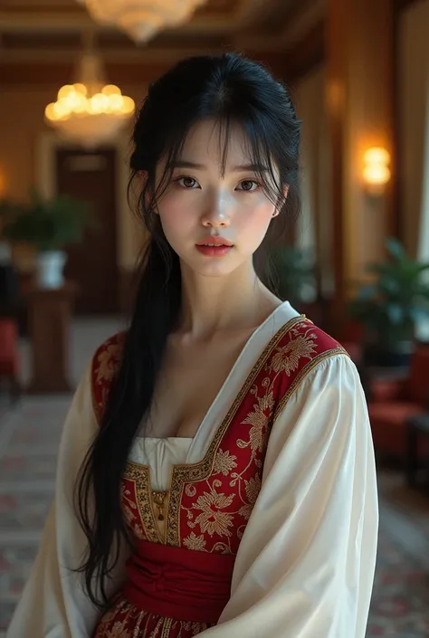 Photo, dark atmosphere, pretty Korean female teenager, big wide eyes, wearing Ukrainian traditional dress, thin bang, black hair, low pony tail, pale white skin, small lips, master piece, photorealistic, amazingly detailed face, maximum resolution, cute, e...