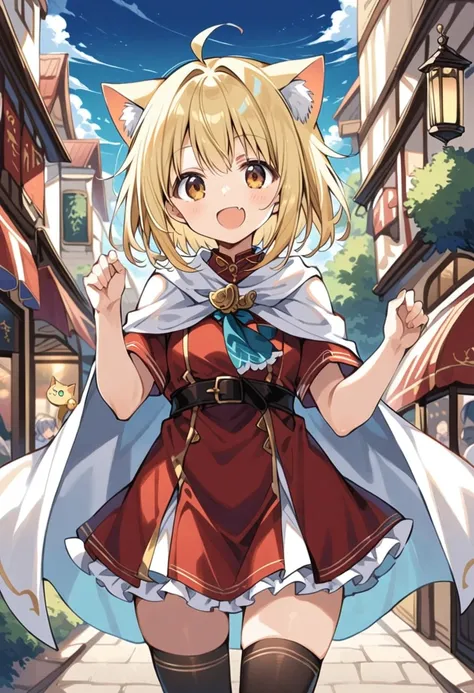 1 cute girl,
(light yellow hair, bob hair, messy hair, ahoge),
((light yellow Cat ear)),
(dark amber eyes, tareme),
smile,
open mouth, fang,

zettai ryouiki,

looking at viewer,

(white cape, gold line),
(dark red Artificer, white line),
(dark red skirt, w...