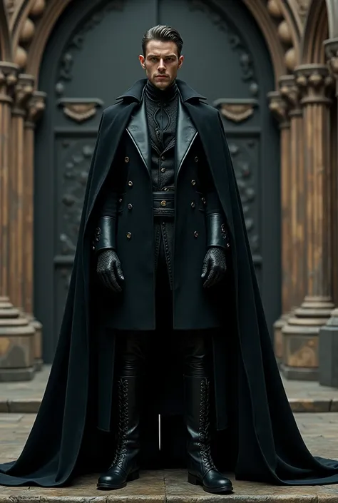 a man in a black gothic frock coat, gothic cloak, gloves, gothic boots, gothic pants, high quality, 8k, photorealistic, dramatic lighting, cinematic, moody atmosphere, intricate details, ornate gothic architecture background, dramatic pose, serious express...