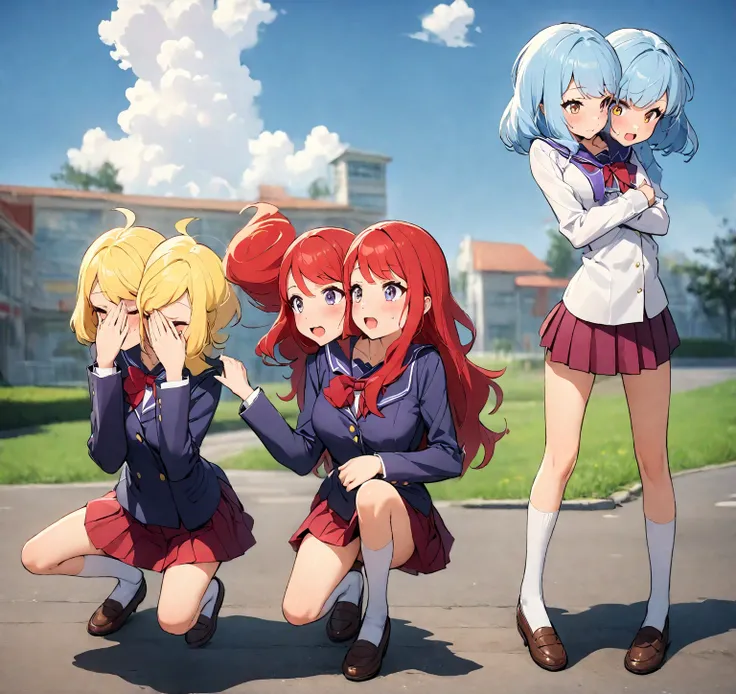 (masterpiece, best quality), best resolution, 16k, ((full body shot, perspective composition, perspective shot)), BREAK 3girls, (two heads:1.5), left girl has red hair, middle girl has lightblue hair, right girl has yellow hair, BREAK various poses, dynami...