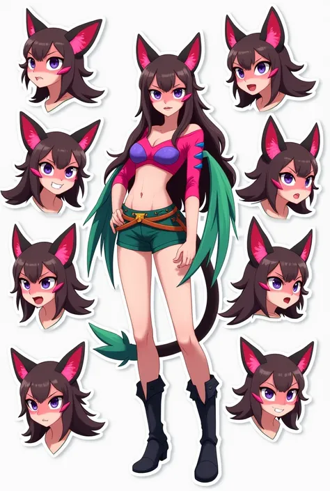 Make me 20 stickers with different types of anime-like expressions such as sadness joy anger boredom amazement from A Fantastic Warrior inspired by Alebrijes with cat ears,  Pink axolotl gills that sprout from her hundreds ,  emerald green wings , and dark...