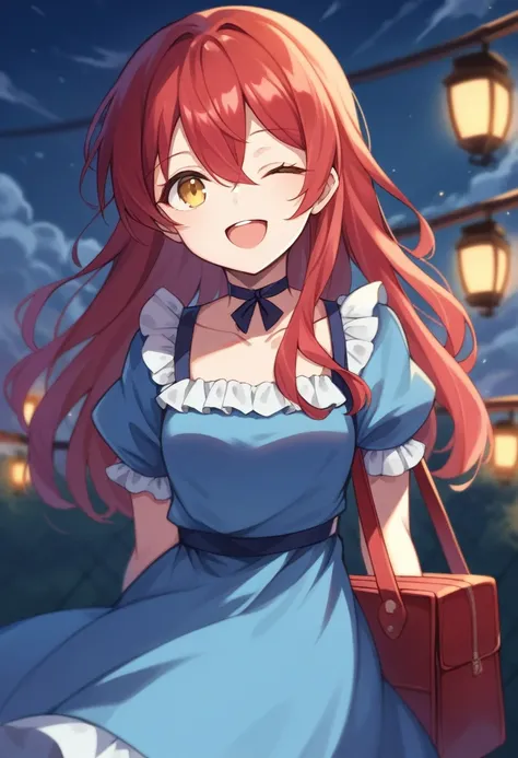 1girl, ;d, blue dress,lurry background, choker, cloud, collarbone, dekalco, depth of field,hair between eyes, long hair, looking at viewer, one eye closed, open mouth, outdoors, puffy short sleeves, puffy sleeves, red bag, ribbon-trimmed choker, short slee...