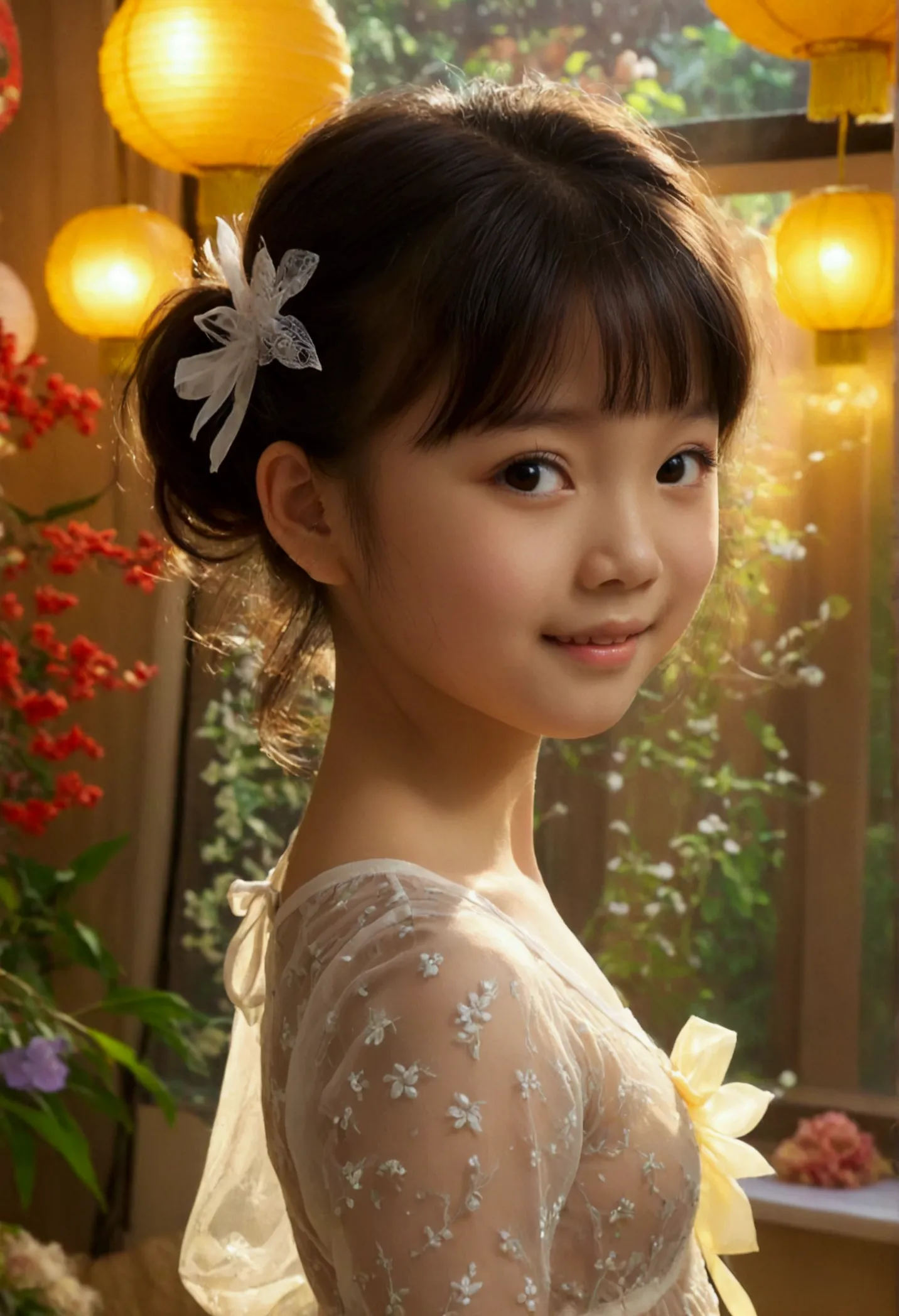 masterpiece, uhd, 8k, most beautiful asian girl in the world, cute girl, age 9, small-budding breast, shy smile, pale skin, juvp...