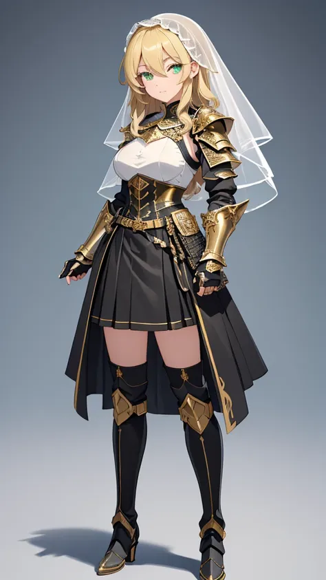 masterpiece, best quality, (( no background)),(((pure white short veil))),(( richly decorated black holy knight armor in gold,fu...