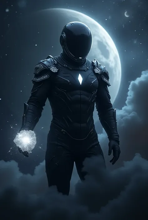 star eater space suit, dark,  with futuristic silver details, shoulder pads, dark аура тьмы, cloud of darkness ,  in your hand hovers a white crystal ,  ruby shaped crystal,   neon white eye light , three planets against a , stars, space, epic,  high quali...