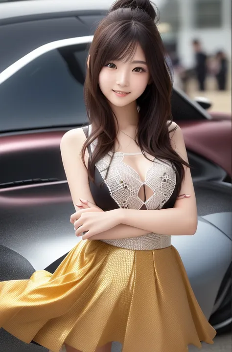 photo-realistic quality、japanese model wearing a racing queen costume standing next to a sideways car, motor show companion、mini...