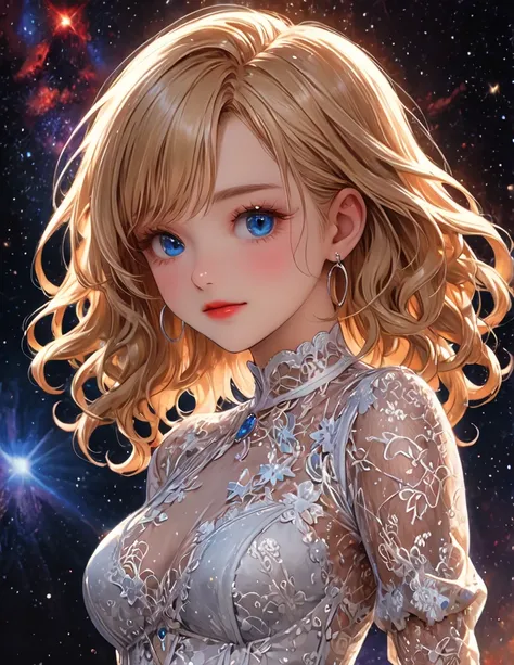 high quality、No censorship、  Exquisite Details 、 high quality、  Perfect Anatomy、   dynamic angle  、  1 girl 、(cute:1.2)、Beautifully detailed face、  Staring at Viewer   (  hair standing on end  )、 galaxy background  、  spread his legs、( blue eyes )(  Starin...