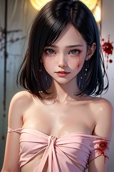 (Best Quality),Highly detailed,Super detailed, 1 girl, (beautiful girl),((Baby Face)), ((High school girl)), (Dark atmosphere), (Dim lighting), (( sexy)),( small breasts),Black Hair, bob cut , (Completely naked), Halloween , (( zombie cosplay)),(((Zombie M...