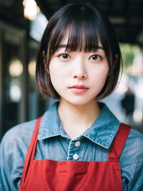 Japanese women, white sweater,((red apron)), Sweaty shiny skin、Young Face, Bob Cut Hair, morning, cafe, Incomplete details, Shooting with Leica, analog, 35mm:: (Artistic light leakage:1.4), Lens flare::4 - Style Row - AR 2:3 --s 150 --c 4,