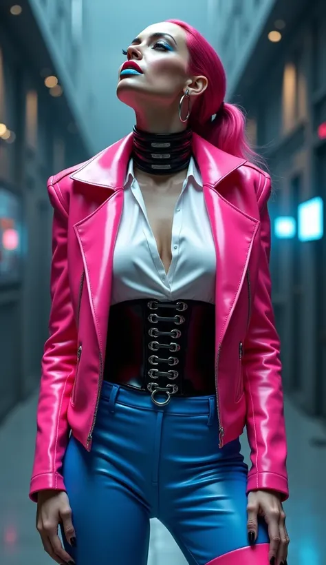 angelina jolie, vue de profil, mains sur les cuisses, latex brillant, dominatrice, chemisier en latex blanc, serre taille latex noir, costume pantalon en latex bleu, ceinture latex noir, futuriste veste courte en latex rose fluo, larges épaulettes en latex...