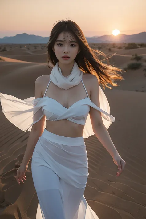 Sunrise in the East，In the desert，On the dunes，A young and beautiful woman，Wearing a transparent see-through gauze skirt，scarf，Strong wind blows the gauze skirt，Show off a woman’s beautiful figure，The buttocks are large and round，Big breasts，looming，Profes...