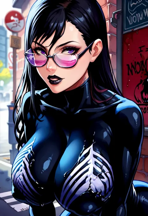 masterpiece, score_9, score_8_up, score_7_up, source_anime, extremely detailed, high quality, 1girl, milf, solo,((wearing glasses,black lips,purple eyes,black hair)) (huge breasts:1.1),, parted lips, (((she venom, black detailed bodysuit, full black suit))...