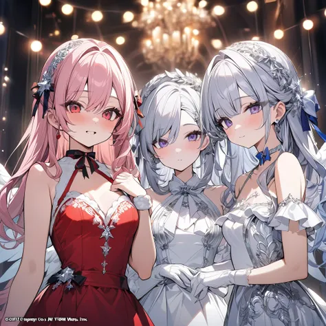 The girls is vtuber Christmas theme々）, innocent sexy beauty, ribbon shaped choker, (masterpiece, highest quality), official art, beautiful and aesthetic: 1.2), (3 girls), very detailed, (silver art: 1.3), silver colorful, girl pink long hair red eyes,  ang...