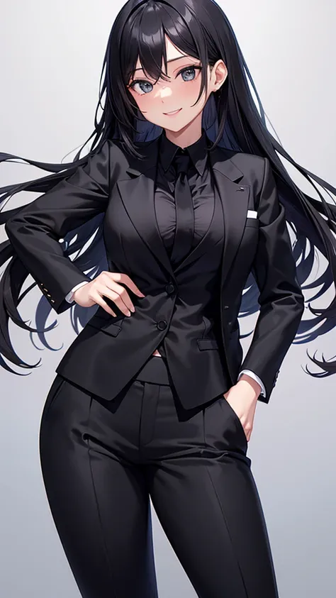 sexy woman in black pantsuit　tie　smile　 high definition　High image quality　