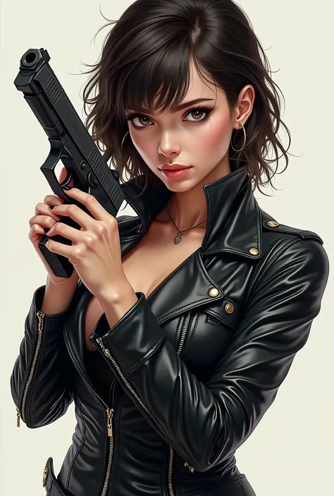 Arafed image of a woman wearing a leather jacket and holding a gun, , extremely detailed  art gel , ig model |  art gel , range murata and  art gel ,   cushart krenz key art feminine  , style  art gel ,  beautiful woman in anime girl style  , Jan J,  art g...