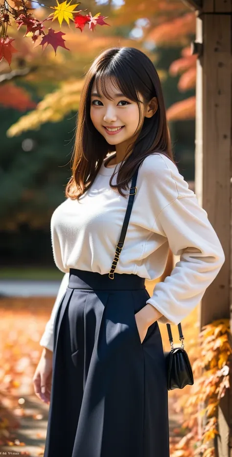 （8k、raw photography, highest quality、masterpiece：1.2), a cute japanese woman, (cute smile: 1.4), large breasts, (stylish autumn ...